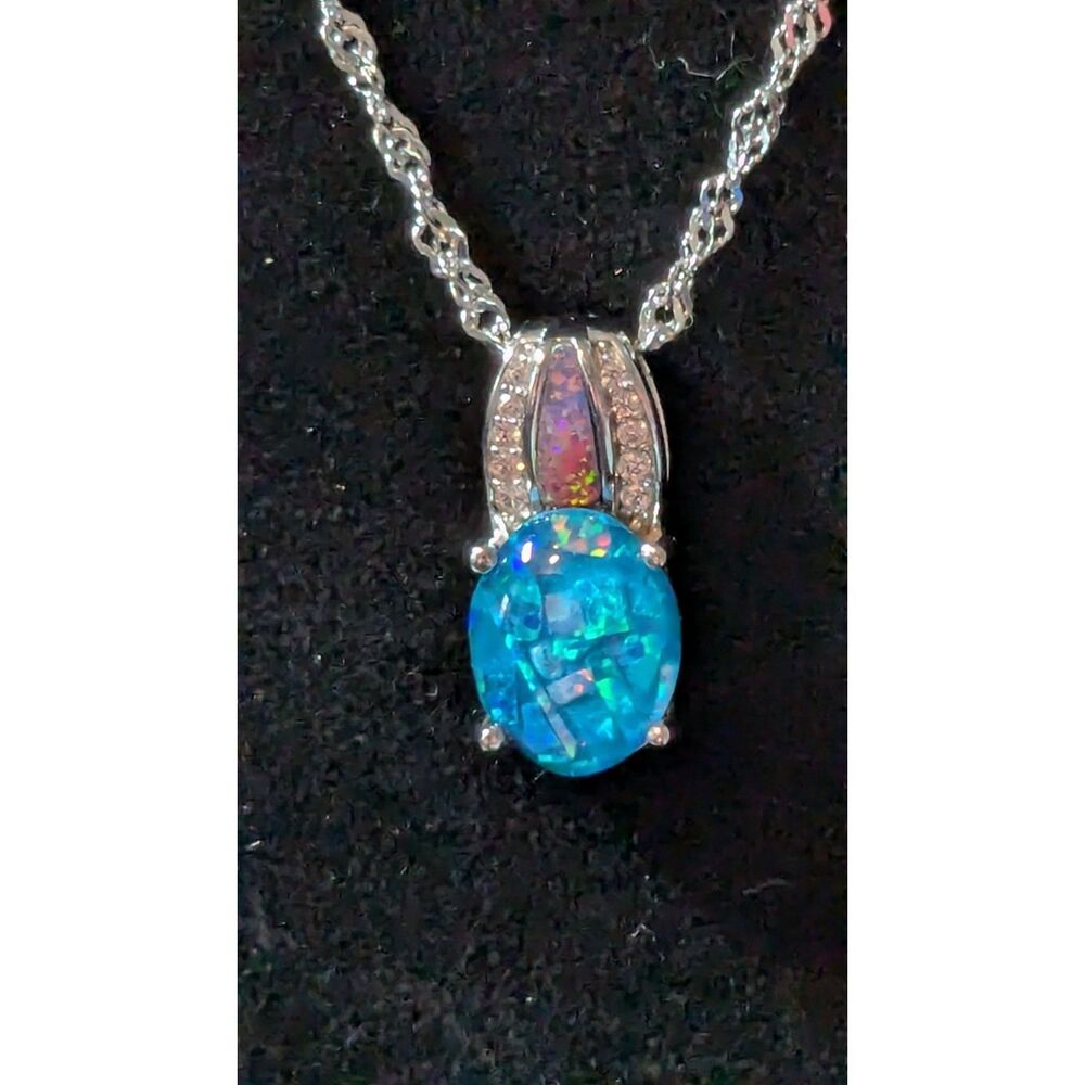 Mosaic Opal Triplet/Lab Opal/ .10CTW White Zircon Rhodium Over Silver Necklace